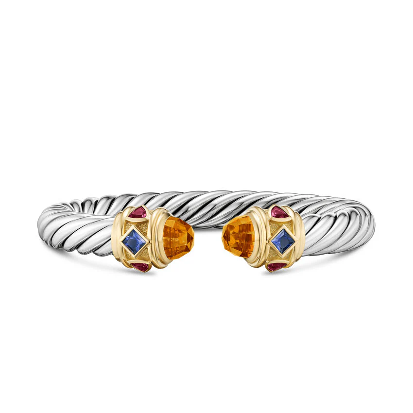 Renaissance Cable Flex Cuff in Sterling Silver with 14K Yellow Gold, Madeira Citrine, Tanzanite and Rhodolite Garnet, 9mm, Size Large
