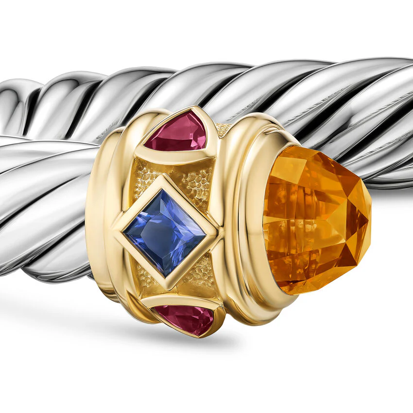 Renaissance Cable Flex Cuff in Sterling Silver with 14K Yellow Gold, Madeira Citrine, Tanzanite and Rhodolite Garnet, 9mm, Size Large - Image 3