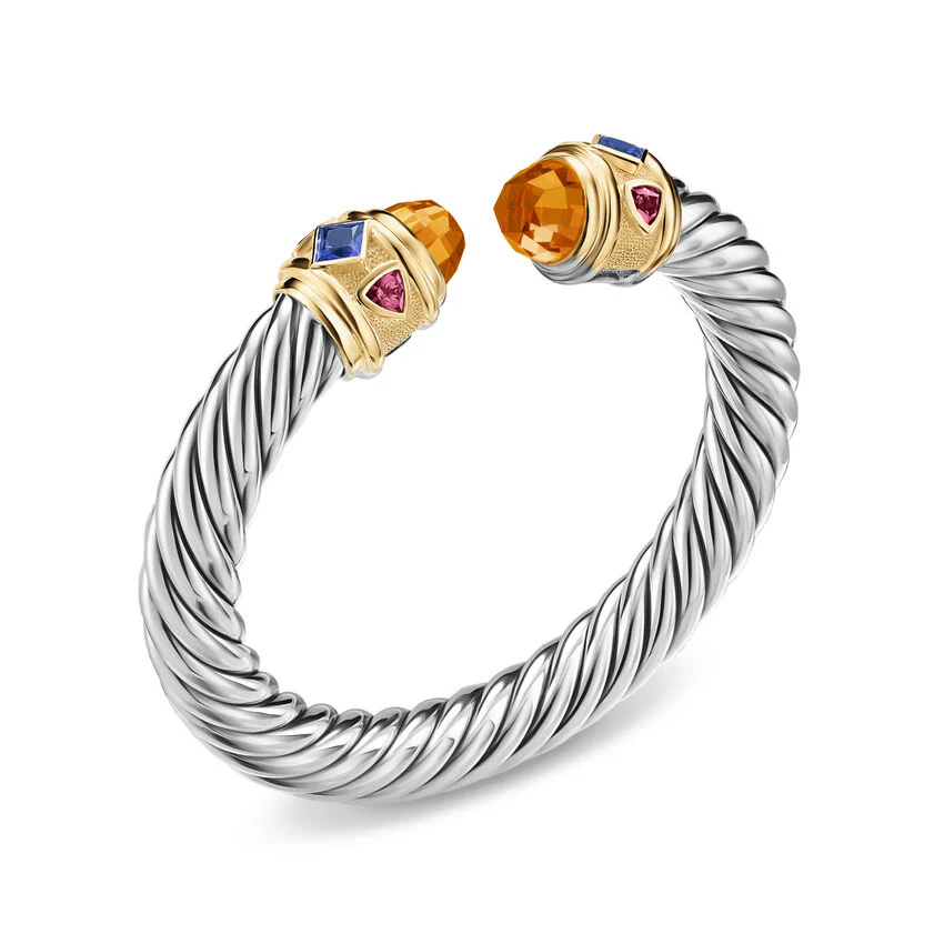 Renaissance Cable Flex Cuff in Sterling Silver with 14K Yellow Gold, Madeira Citrine, Tanzanite and Rhodolite Garnet, 9mm, Size Small - Image 2