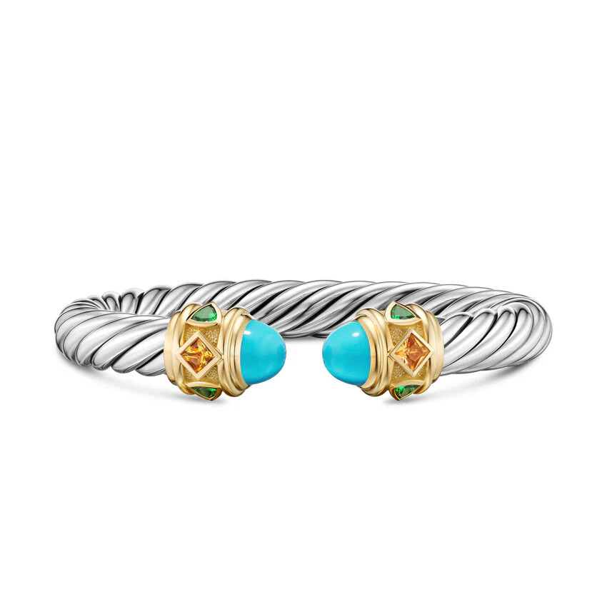 Renaissance Cable Flex Cuff in Sterling Silver with 14K Yellow Gold, Turquoise, Madeira Citrine and Tsavorites, 9mm, Size Medium