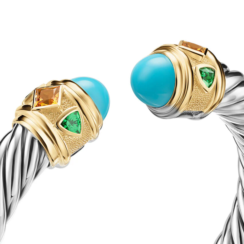 Renaissance Cable Flex Cuff in Sterling Silver with 14K Yellow Gold, Turquoise, Madeira Citrine and Tsavorites, 9mm, Size Medium - Image 2