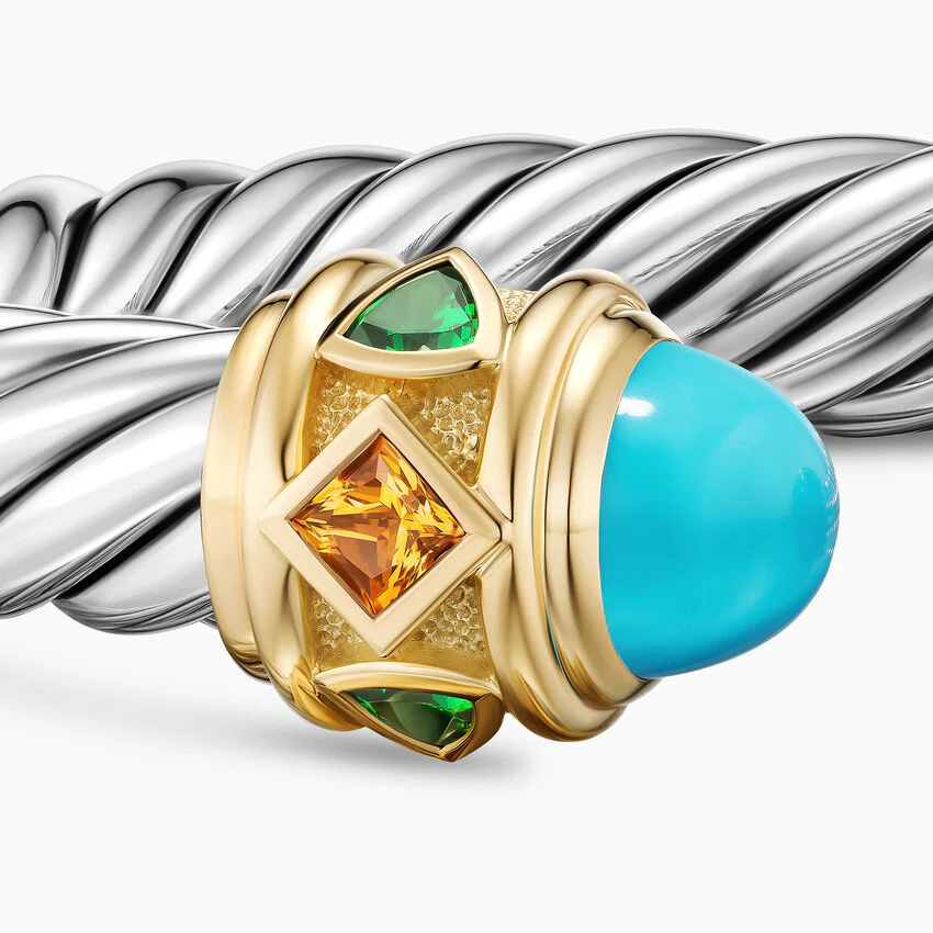 Renaissance Cable Flex Cuff in Sterling Silver with 14K Yellow Gold, Turquoise, Madeira Citrine and Tsavorites, 9mm, Size Medium - Image 3