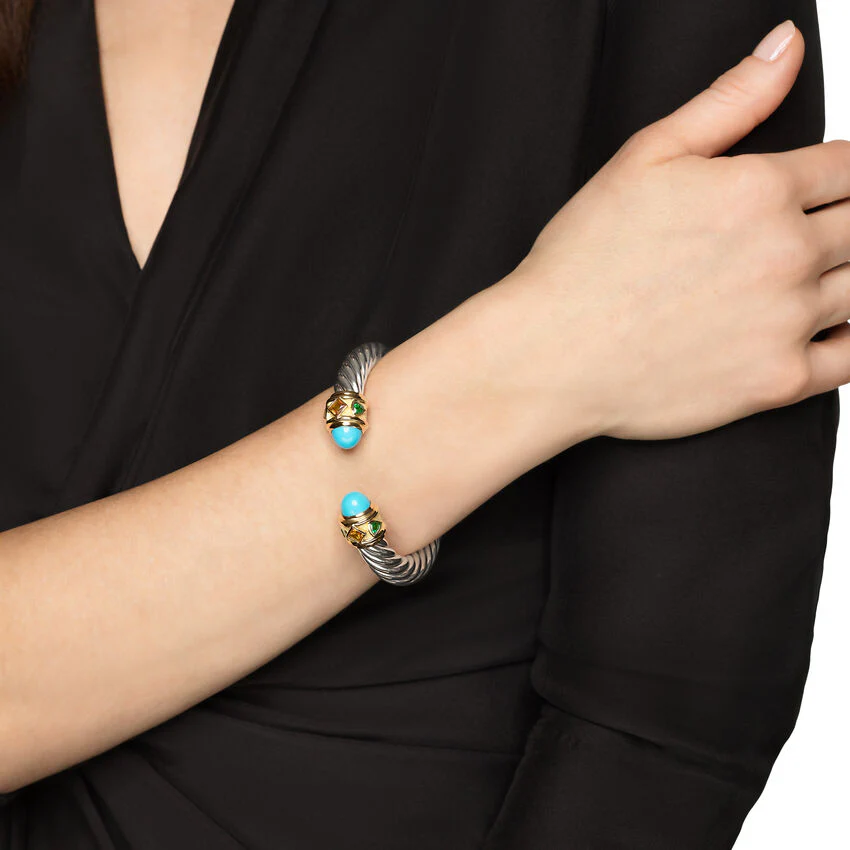 Renaissance Cable Flex Cuff in Sterling Silver with 14K Yellow Gold, Turquoise, Madeira Citrine and Tsavorites, 9mm, Size Medium - Image 4