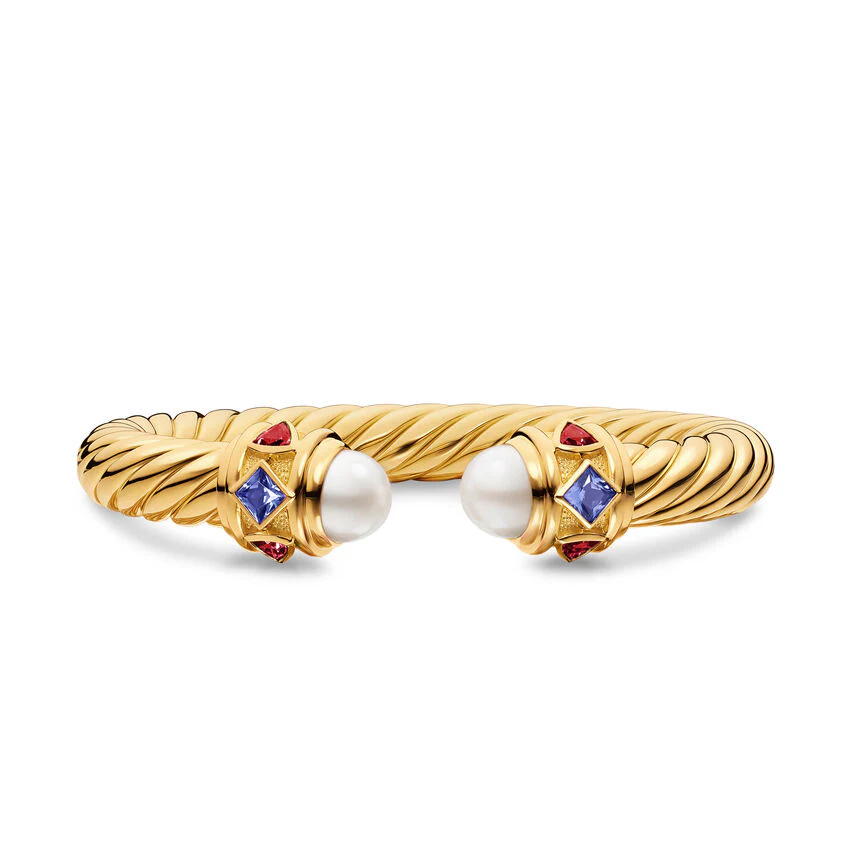 Renaissance Cablespira Cuff in 18K Yellow Gold with Pearl, Iolite and Rhodolite Garnet, 9mm, Size Medium