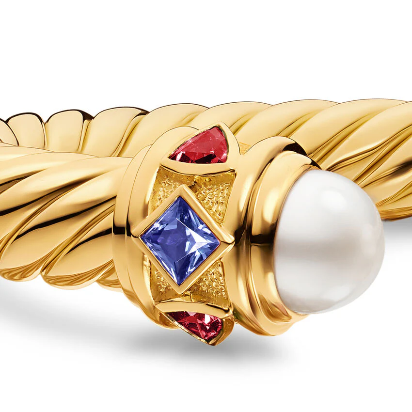 Renaissance Cablespira Cuff in 18K Yellow Gold with Pearl, Iolite and Rhodolite Garnet, 9mm, Size Medium - Image 2