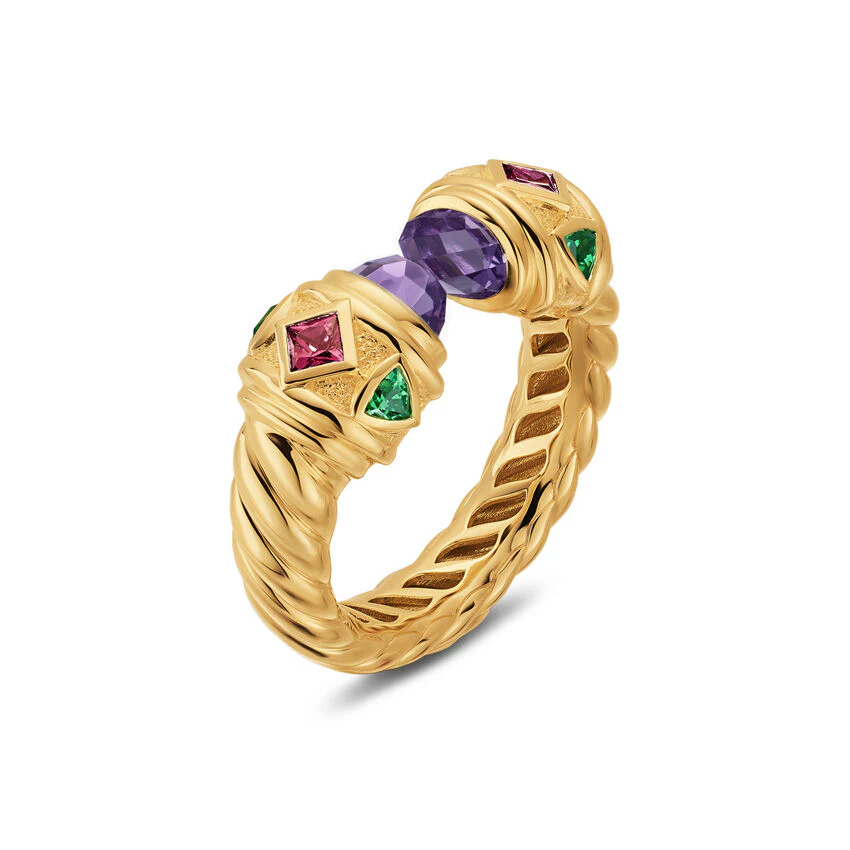Renaissance Color Ring in 18K Yellow Gold with Amethyst, Pink Tourmaline and Tsavorites, 9.9mm, Size 6 - Image 2