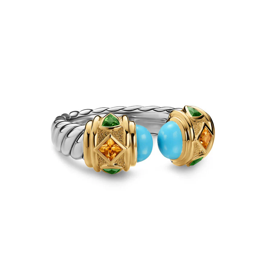 Renaissance Color Ring in Sterling Silver with 14K Yellow Gold, Turquoise, Madeira Citrine and Tsavorites, 9.9mm, Size 6