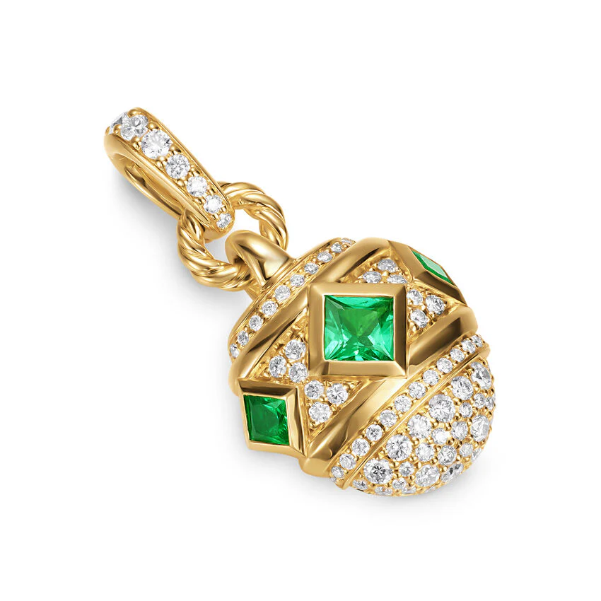 Renaissance Pavé Amulet in 18K Yellow Gold with Emeralds and Diamonds, 26mm