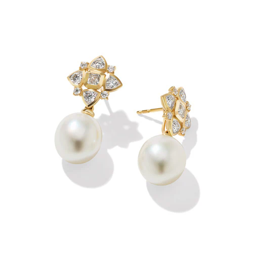 Renaissance Pearl Trillion Drop Earrings in 18K Yellow Gold with Diamonds - Image 2