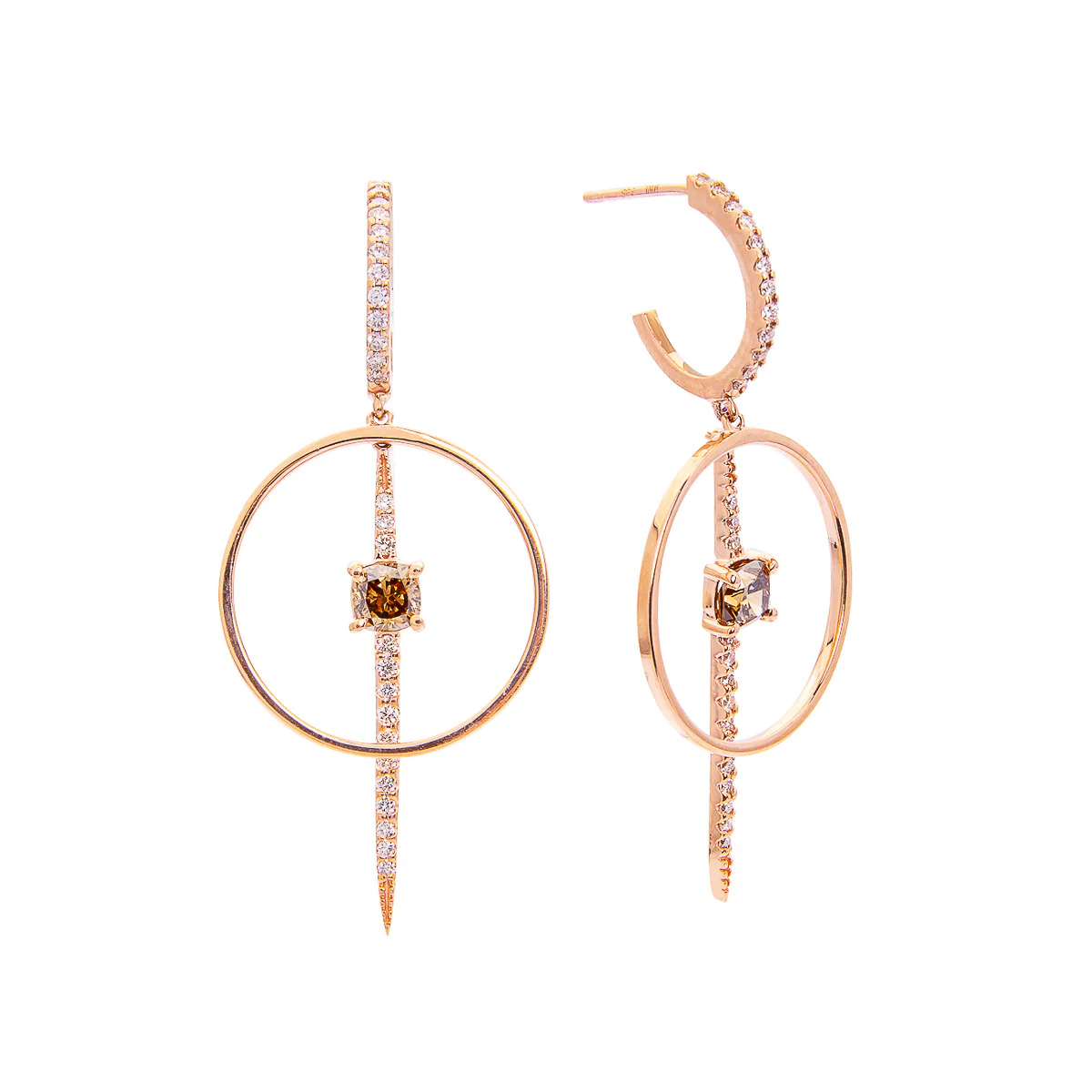 Sabel Collection 14K Rose Gold Fancy Cushion Diamond with Round White Diamond Accent Hoop Earrings