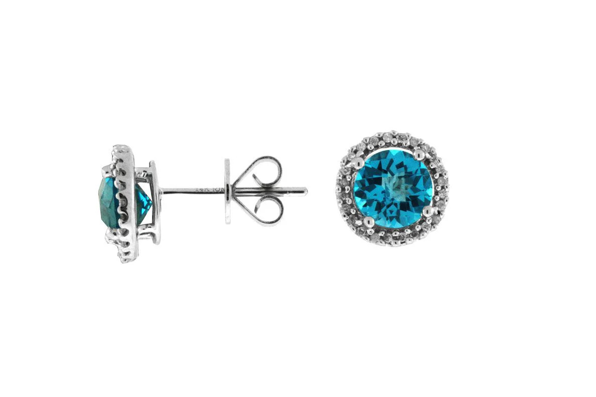 Sabel Collection 14K White Gold Round Blue Topaz and Diamond Halo Earrings