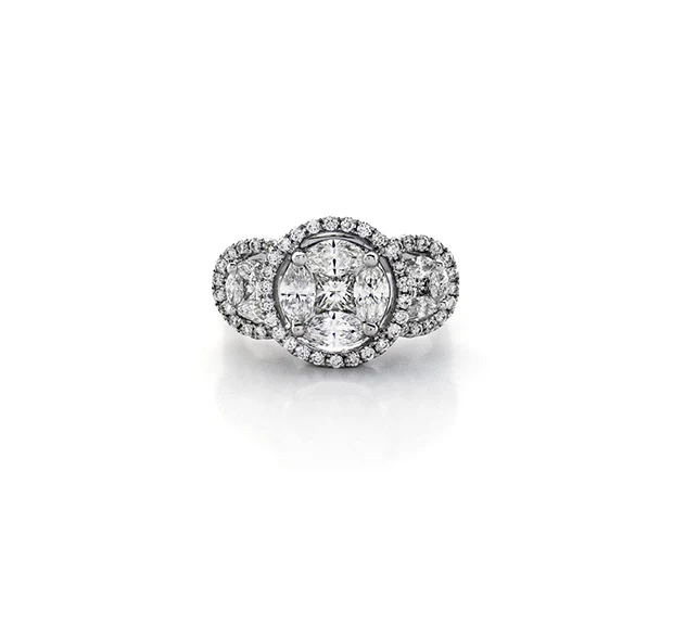 Sabel Collection 14K White Gold Round, Marquise, and Princess Cut Diamond Three Circle Ring