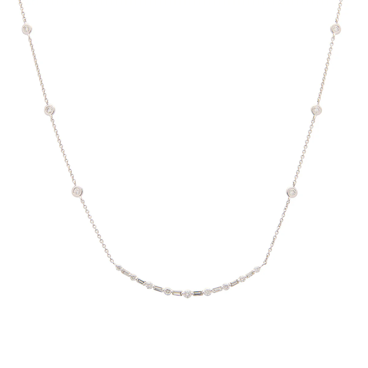 Sabel Collection 14K White Gold Six Bezel Set Diamond Stations with Curved Diamond Bar Necklace