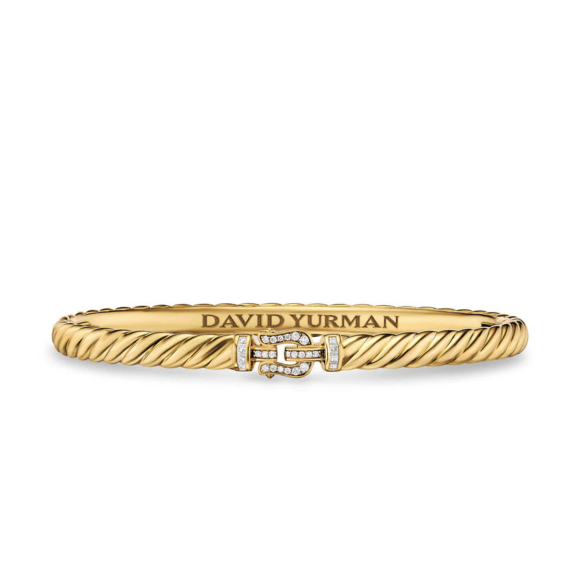 Sculpted Cable Buckle Bracelet in 18K Yellow Gold with Diamonds, 4.6mm, Size Medium
