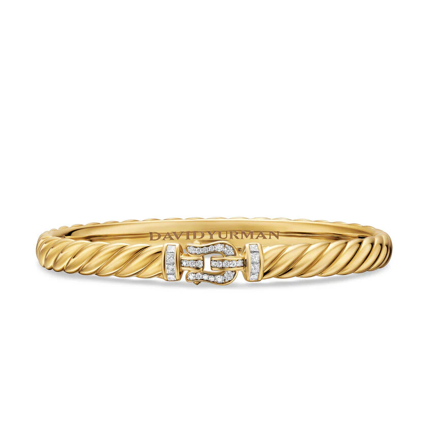Sculpted Cable Buckle Bracelet in 18K Yellow Gold with Diamonds, 6mm, Size Medium