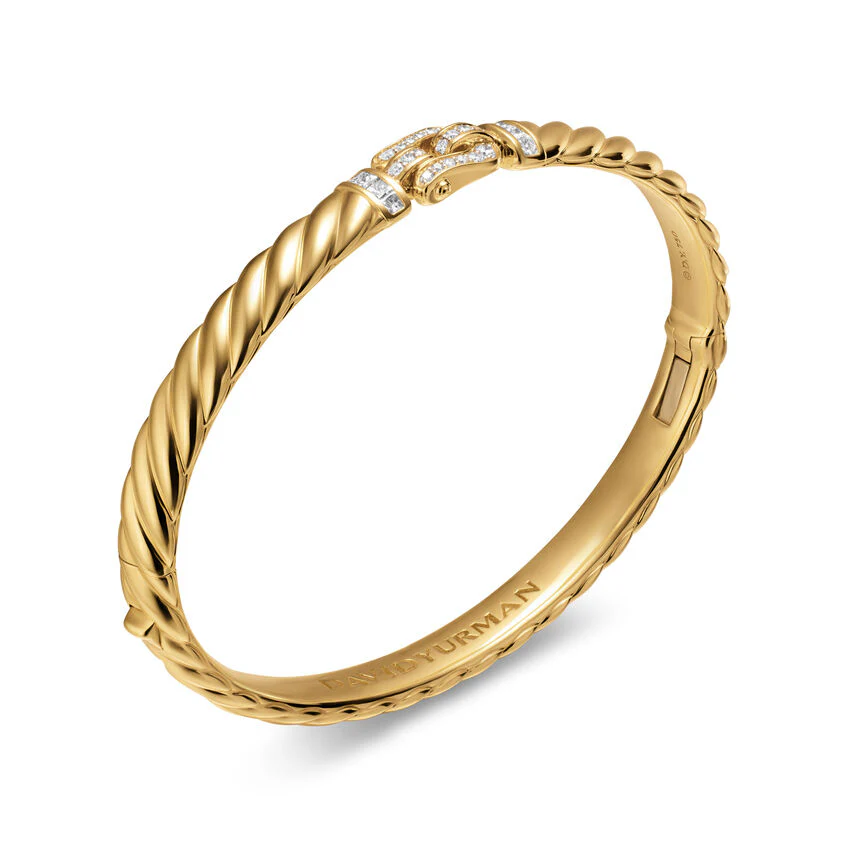 Sculpted Cable Buckle Bracelet in 18K Yellow Gold with Diamonds, 6mm, Size Medium - Image 2