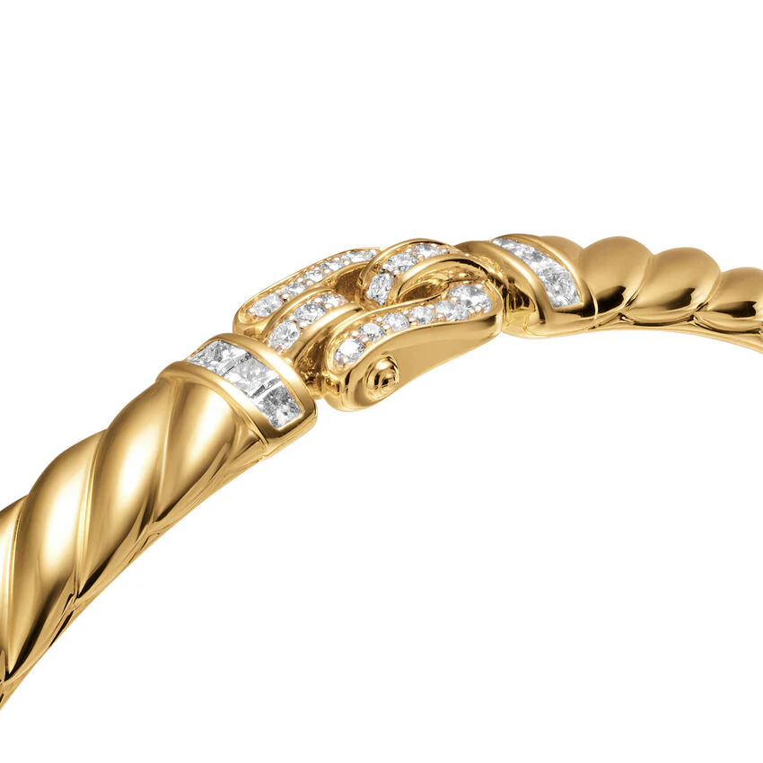 Sculpted Cable Buckle Bracelet in 18K Yellow Gold with Diamonds, 6mm, Size Medium - Image 3