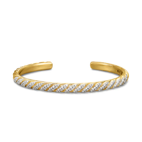 Sculpted Cable Cuff Bracelet in 18K Yellow Gold with Diamonds, 5.5mm, Size Medium - Image 2