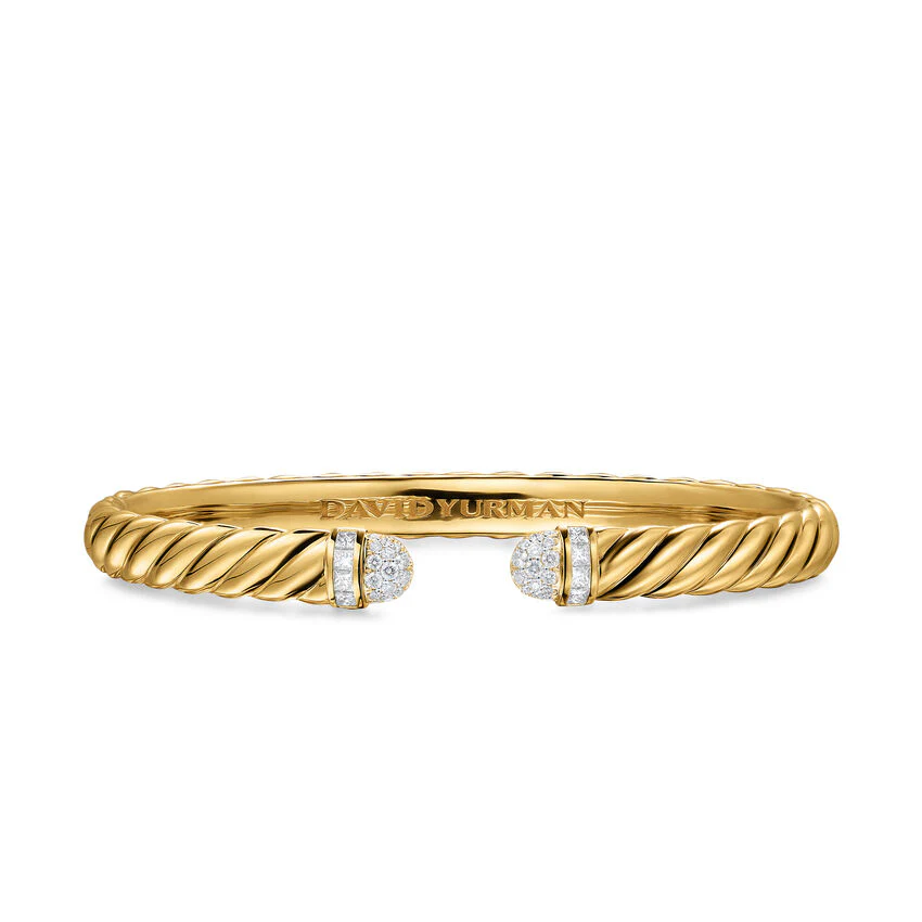 Sculpted Cable Cuff in 18K Yellow Gold with Pavé Diamond Domes, 6mm, Size Large