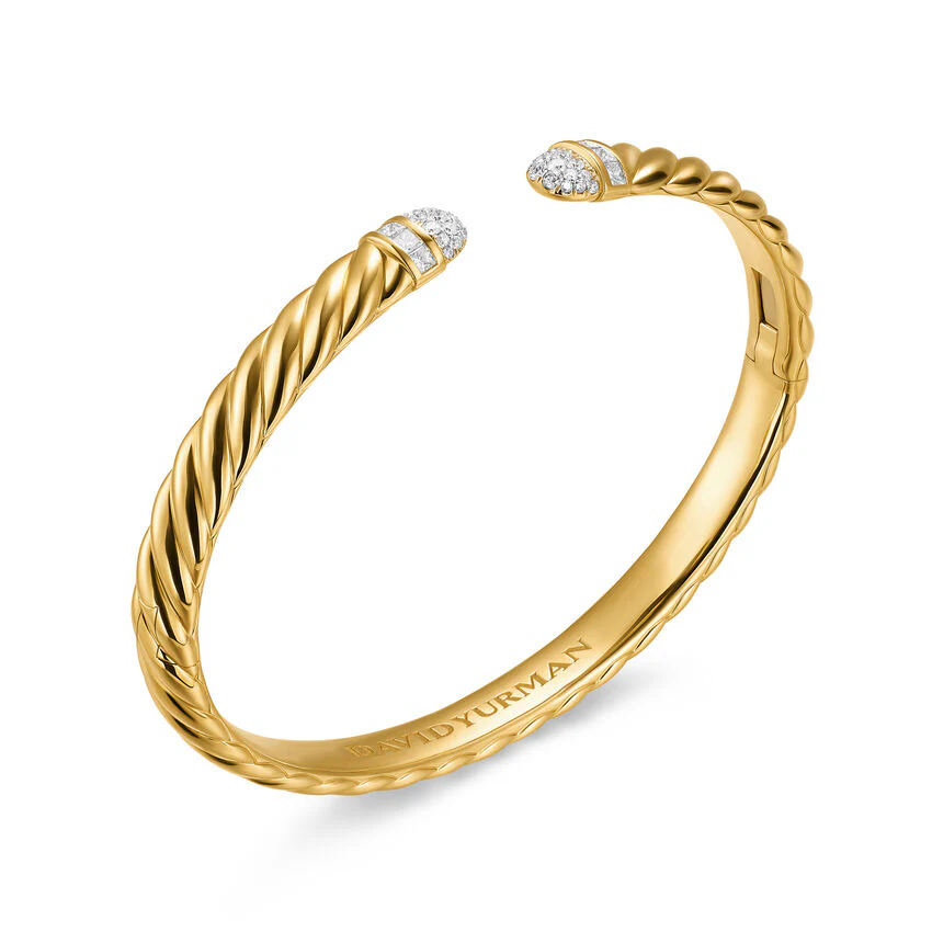 Sculpted Cable Cuff in 18K Yellow Gold with Pavé Diamond Domes, 6mm, Size Large - Image 2