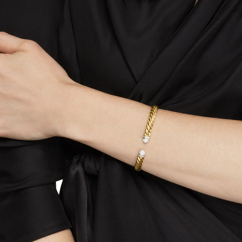 Sculpted Cable Cuff in 18K Yellow Gold with Pavé Diamond Domes, 6mm, Size Large - Image 4