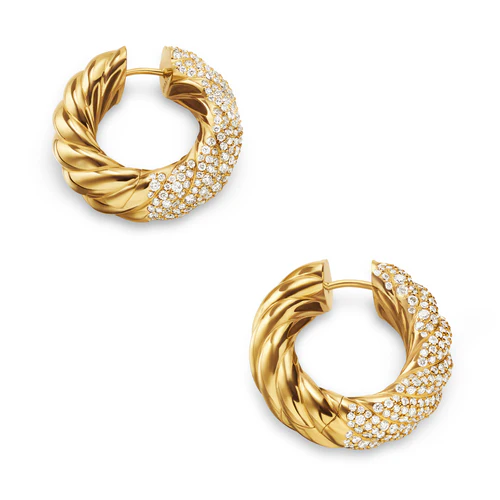 Sculpted Cable Hoop Earrings in 18K Yellow Gold with Diamonds, 25mm - Image 2