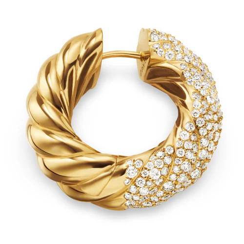 Sculpted Cable Hoop Earrings in 18K Yellow Gold with Diamonds, 25mm - Image 3