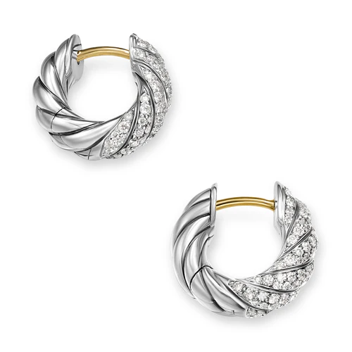 Sculpted Cable Hoop Earrings in Sterling Silver with Diamonds, 14.4mm - Image 3