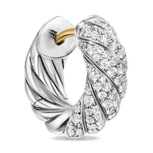 Sculpted Cable Hoop Earrings in Sterling Silver with Diamonds, 14.4mm - Image 4