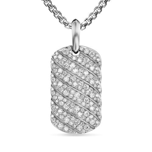 Sculpted Cable Tag in Sterling Silver with Diamonds, 27mm