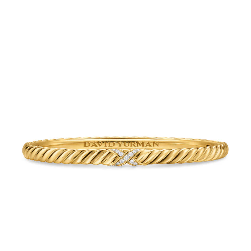 Sculpted Cable X Bracelet in 18K Yellow Gold with Diamonds, 4.6mm, Size Medium