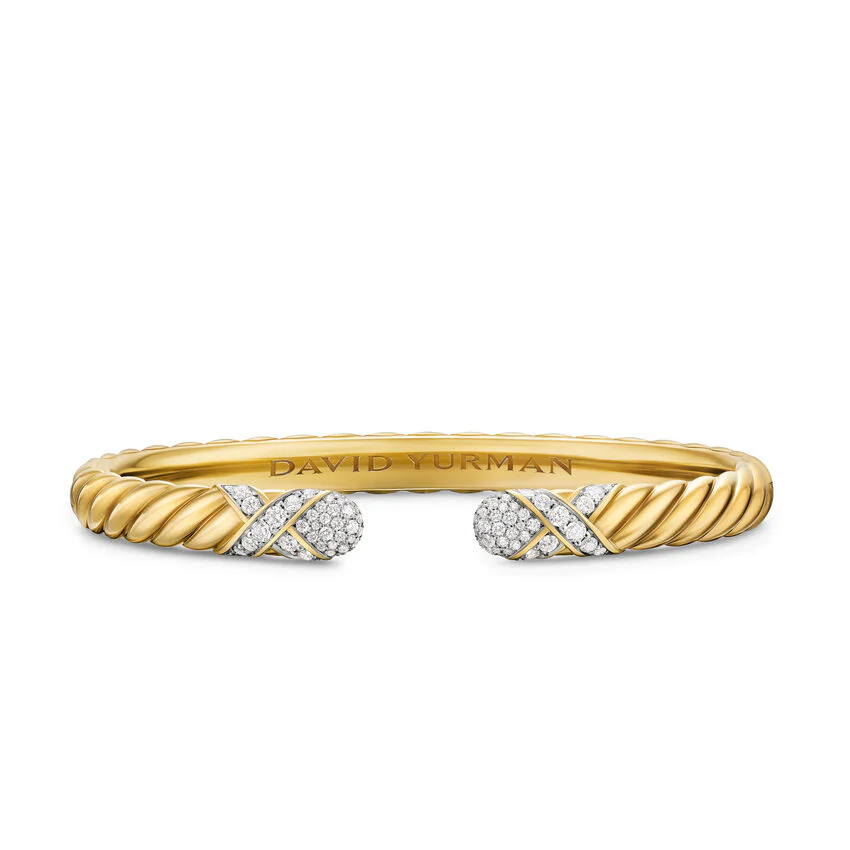 Sculpted Cable X Cuff Bracelet in 18K Yellow Gold with Diamonds, 6mm, Size Medium