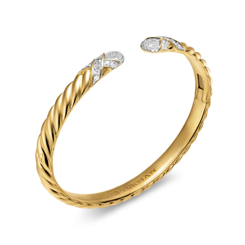 Sculpted Cable X Cuff Bracelet in 18K Yellow Gold with Diamonds, 6mm, Size Medium - Image 2