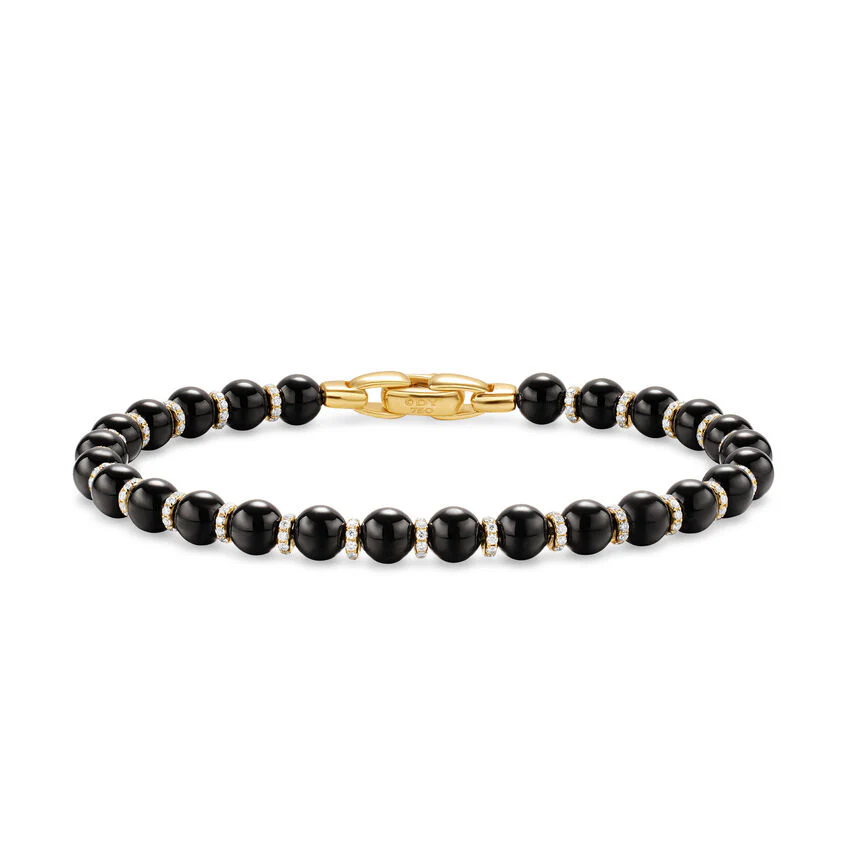 Spiritual Beads Bracelet in 18K Yellow Gold with Black Onyx and Diamonds, 6mm, Size Medium