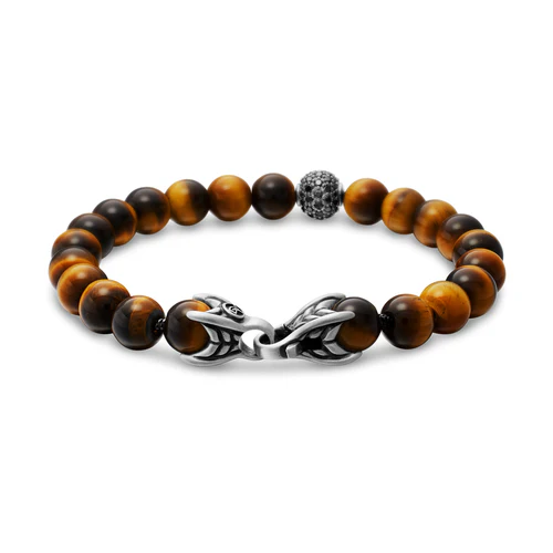 Spiritual Beads Bracelet in Sterling Silver with Tigers Eye and Pavé Black Diamond Station, 8mm - Image 2