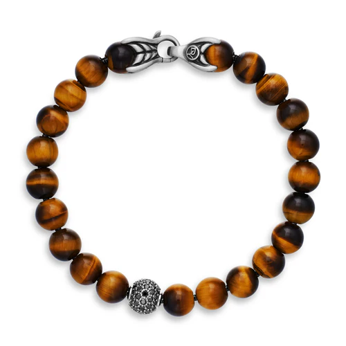 Spiritual Beads Bracelet in Sterling Silver with Tigers Eye and Pavé Black Diamond Station, 8mm - Image 3
