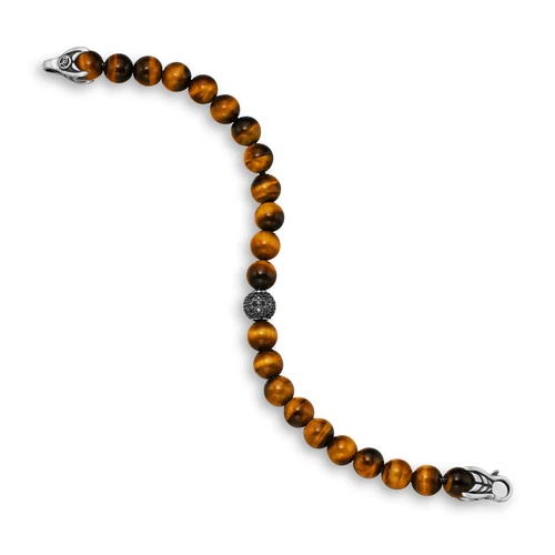 Spiritual Beads Bracelet in Sterling Silver with Tigers Eye and Pavé Black Diamond Station, 8mm - Image 4