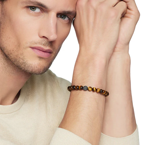 Spiritual Beads Bracelet in Sterling Silver with Tigers Eye and Pavé Black Diamond Station, 8mm - Image 6