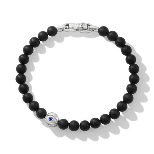 Spiritual Beads Evil Eye Bracelet in Sterling Silver with Black Onyx and Sapphire, Size Medium - Image 2