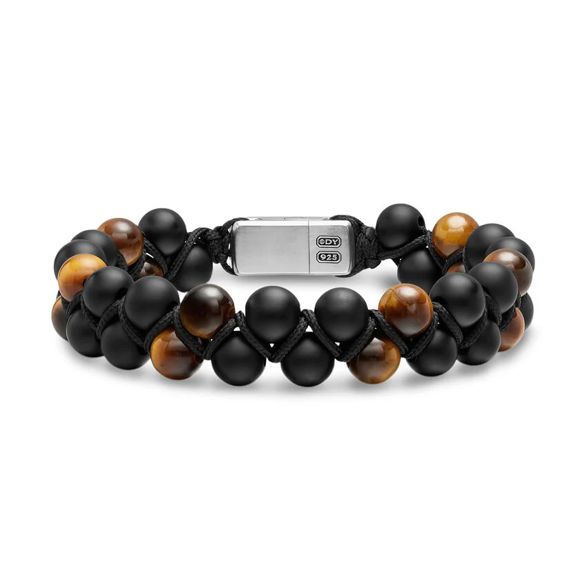 Spiritual Beads Two Row Woven Bracelet with Black Onyx, Tiger's Eye, Black Nylon and Sterling Silver, 8mm, Size Large