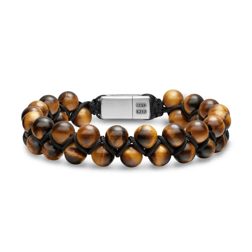 Spiritual Beads Two Row Woven Bracelet with Tiger's Eye, Black Nylon and Sterling Silver, 8mm, Size Large