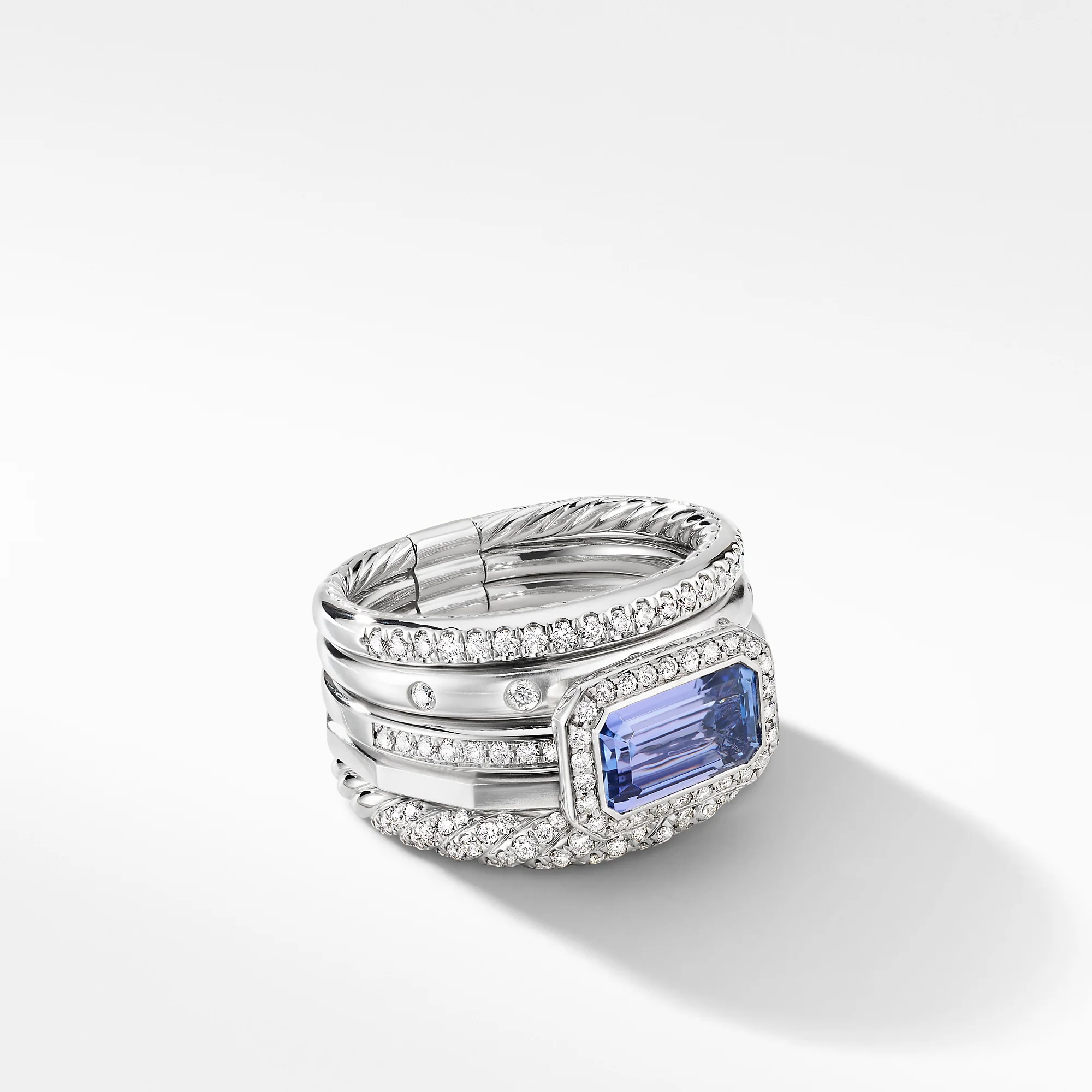 Stax Statement Ring in 18K White Gold with Tanzanite and Diamonds, Size 6