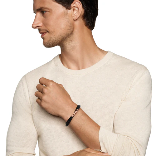 Streamline Double Wrap Black Leather Bracelet with 18K Rose Gold, 5.2mm, Size Medium - Image 5