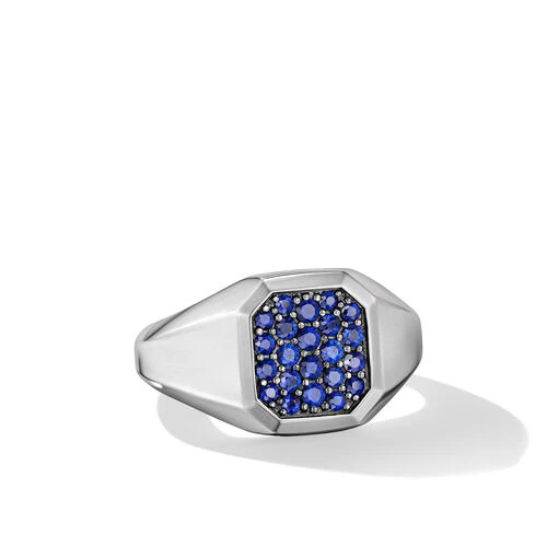 Streamline Signet Ring in Sterling Silver with Blue Sapphires, Size 9