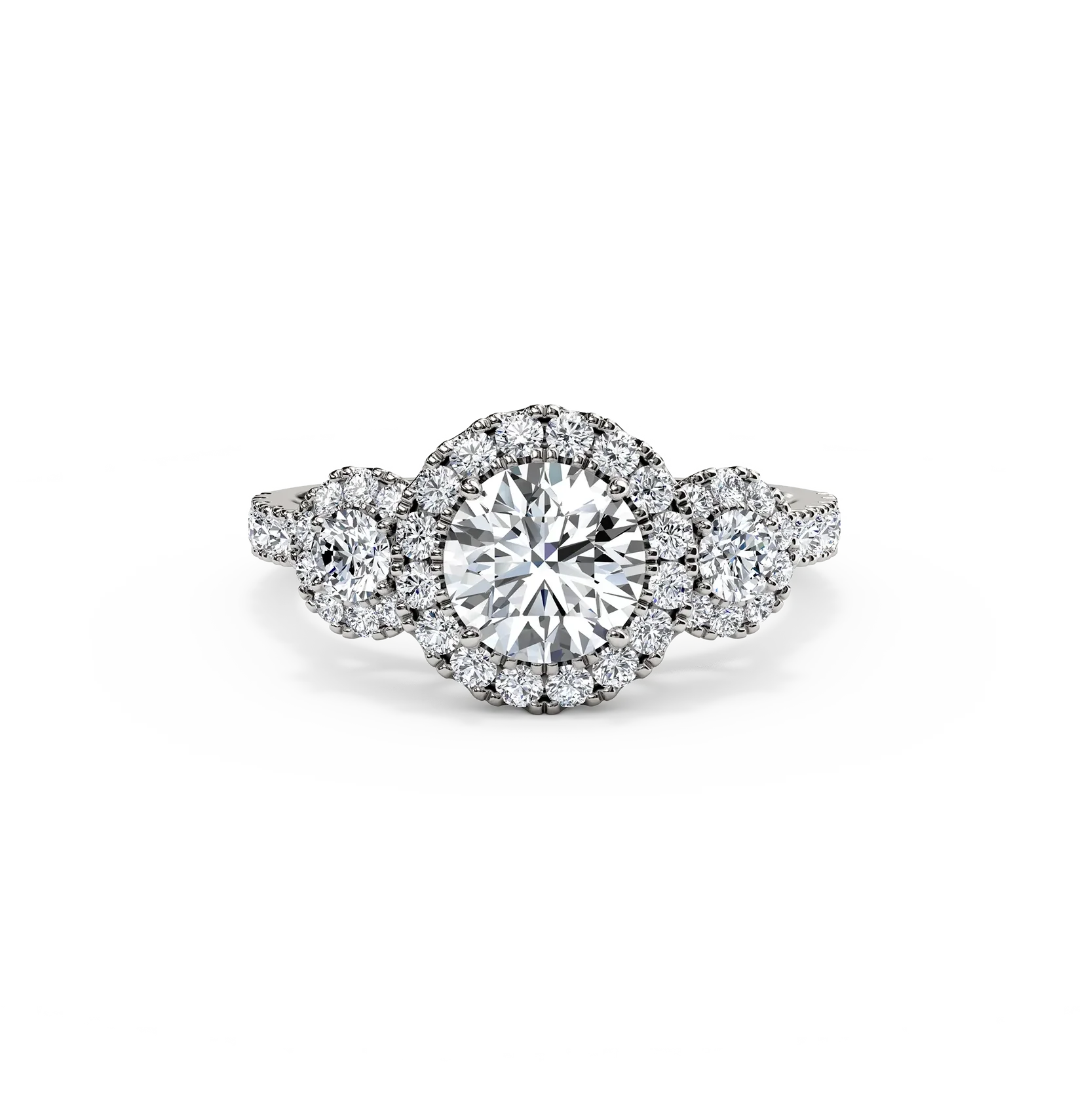 The Studio Collection Round Three Stone Engagement Ring with Halo in Platinum
