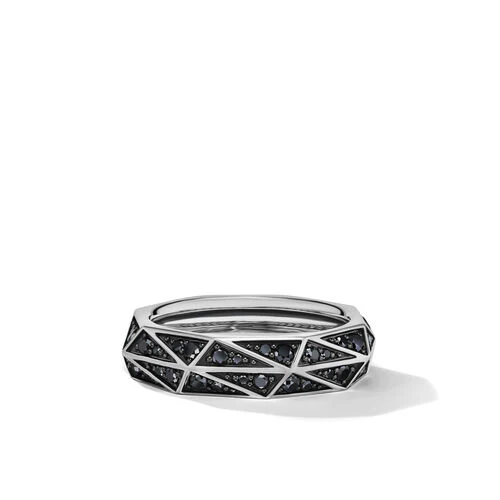 Torqued Faceted Band Ring in Sterling Silver with Pavé Black Diamonds, Size 11