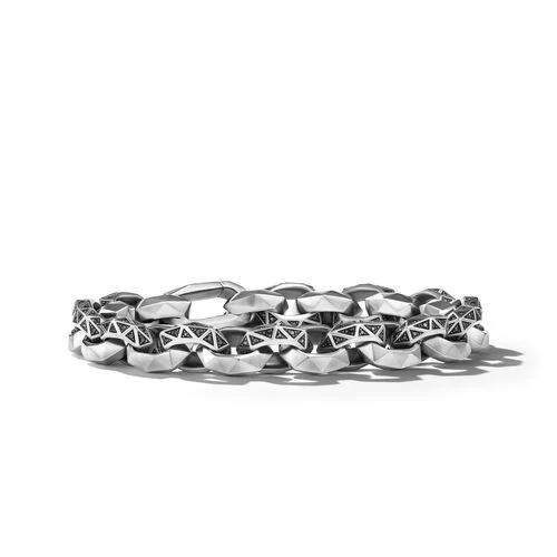 Torqued Faceted Link Bracelet in Sterling Silver with Pavé Black Diamonds, Size Medium