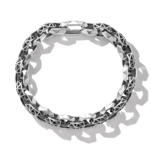 Torqued Faceted Link Bracelet in Sterling Silver with Pavé Black Diamonds, Size Medium - Image 2
