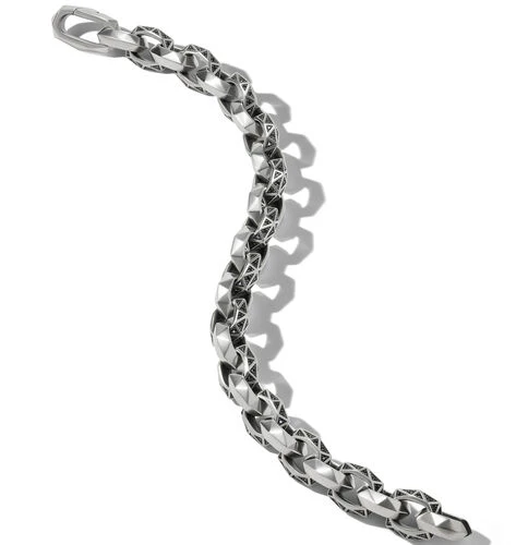 Torqued Faceted Link Bracelet in Sterling Silver with Pavé Black Diamonds, Size Medium - Image 3