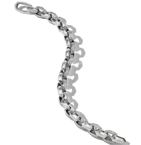 Torqued Faceted Link Bracelet in Sterling Silver with Pavé Diamonds, Size Medium - Image 3